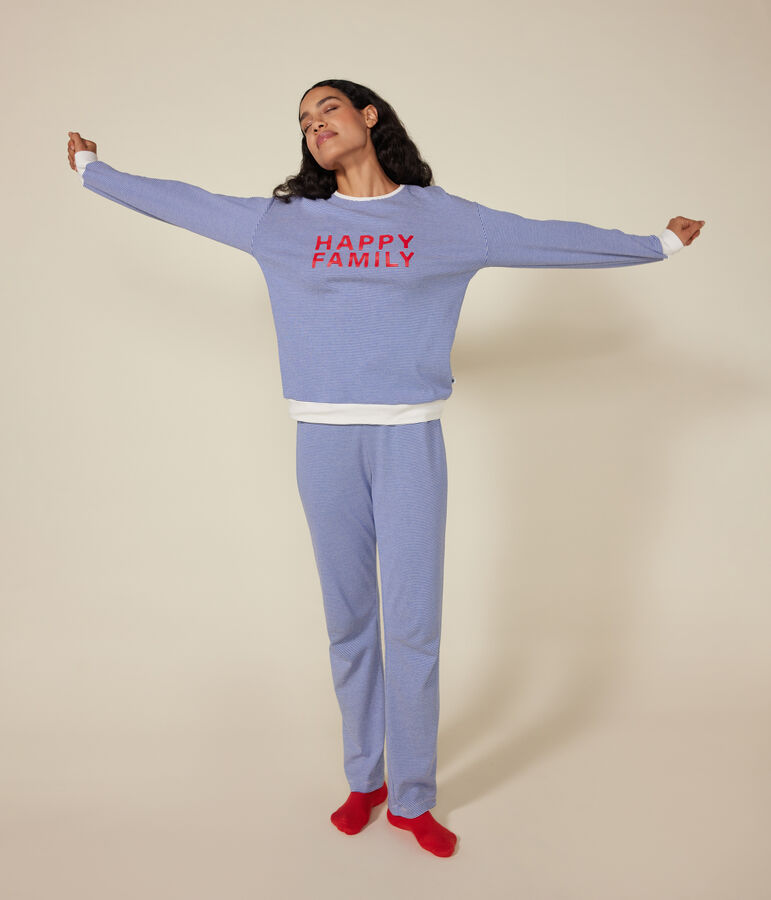 Women's stripy cotton pyjamas blue/white