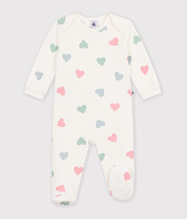 Babies' heart-print popper-free cotton terry pyjama suit Ecru/multicolor
