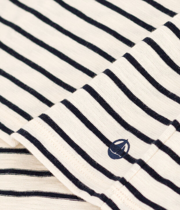 Women's Straight Round-Neck Cotton T-Shirt Ecru/blue