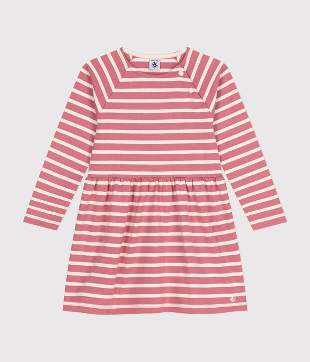 Girls' long-sleeved thick cotton dress pink/ecru