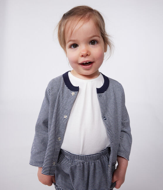 Babies' Stripy Tube Knit Cardigan SMOKING blue/MARSHMALLOW white