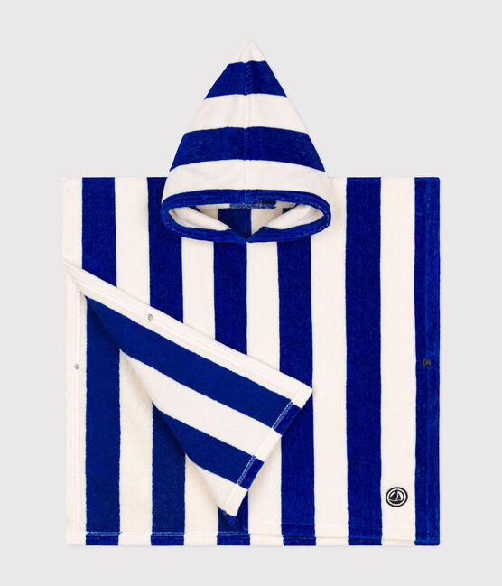 CHILDREN'S STRIPED TERRYCLOTH BATH PONCHO SURF blue/MARSHMALLOW white