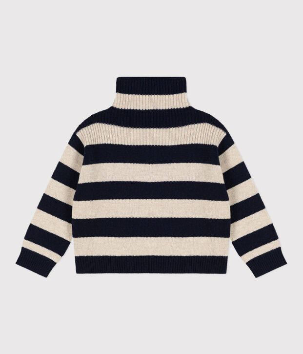 Boys' wool and cotton knit jumper blue/ecru
