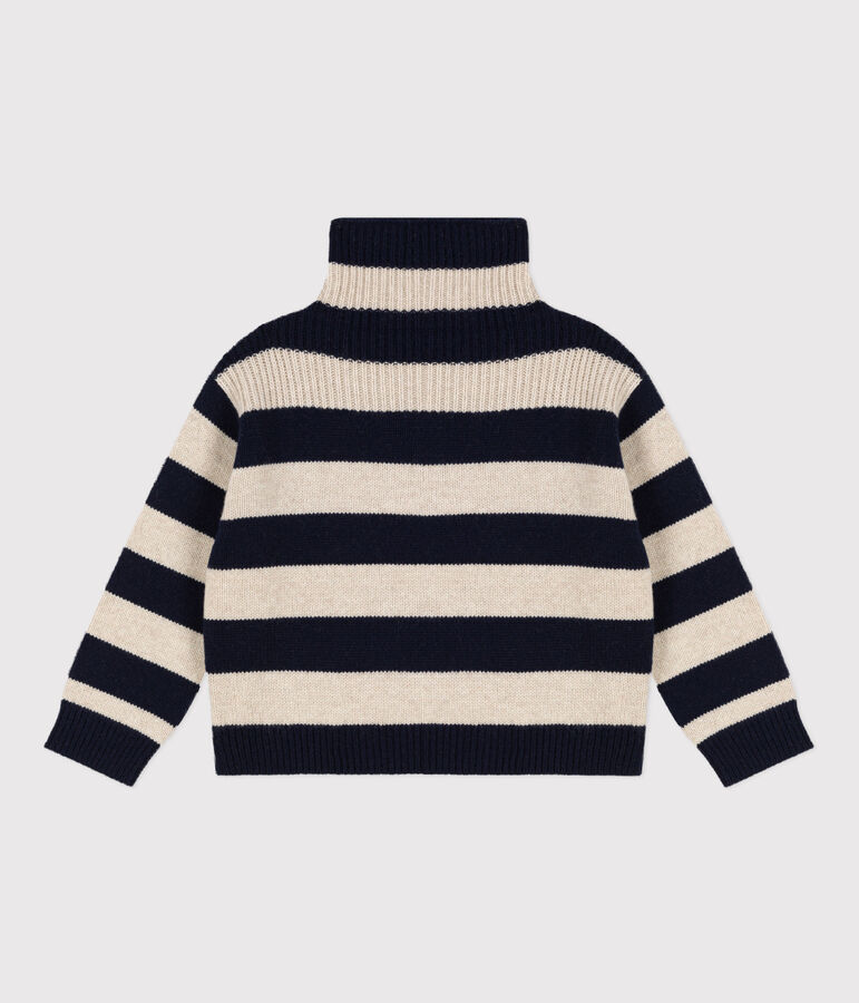 Boys' wool and cotton knit jumper blue/ecru