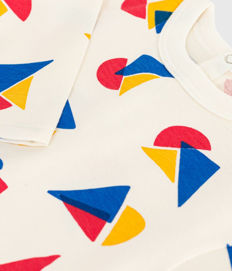 Babies' long-sleeved boat-print cotton T-shirt Ecru/multicolor