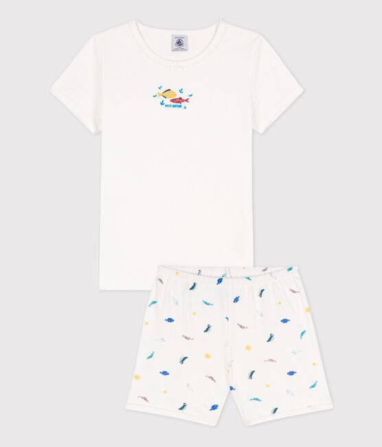 Girls' Sealife Themed Short Cotton Pyjamas MARSHMALLOW white/MULTICO white
