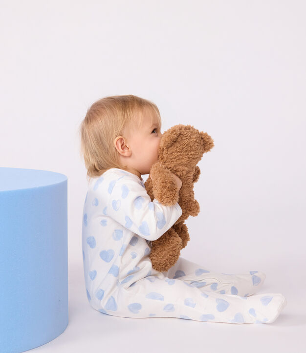 Babies' brushed fleece heart-print pyjamas with a collar white/blue