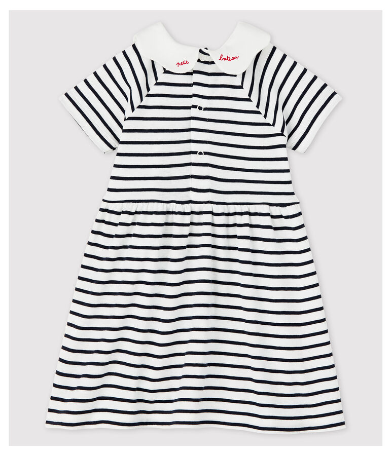 Baby Girls' Short-Sleeved Stripy Rib Knit Dress MARSHMALLOW white/SMOKING blue