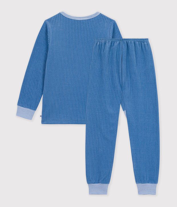 Children's plain ribbed velour pyjamas blue