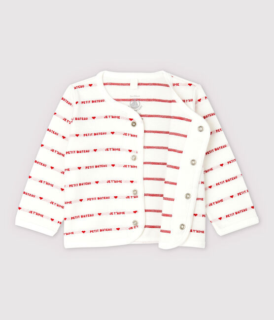 Petit Bateau Babies' Organic Cotton Cardigan With Woven "Je t'aime" MARSHMALLOW white/TERKUIT red
