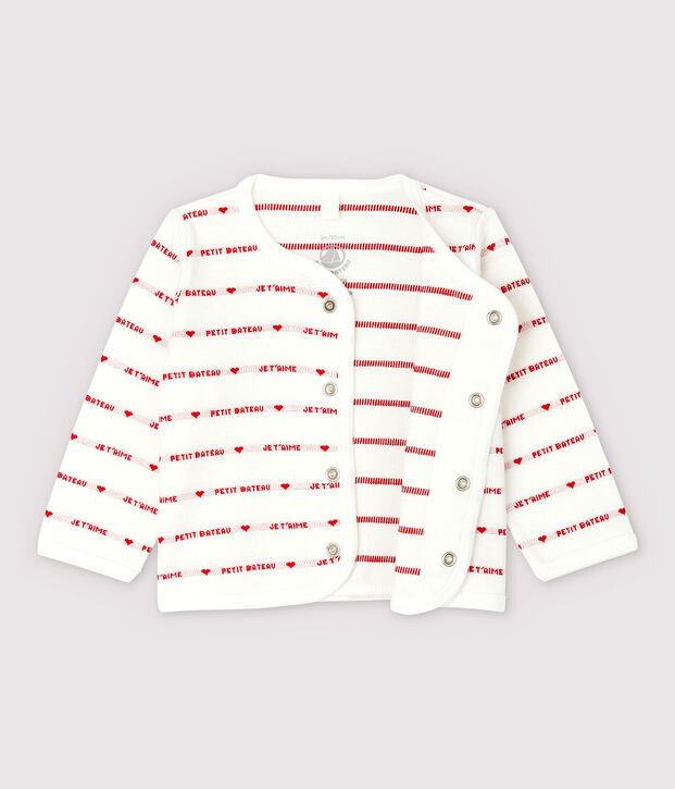 Petit Bateau Babies' Organic Cotton Cardigan With Woven Je t'aime white/red