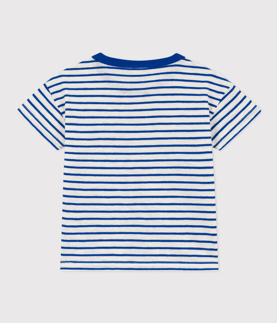 Children's Stripy Unisex Cotton T-Shirt MARSHMALLOW white/PERSE blue