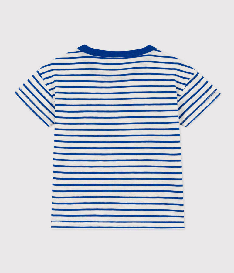 Children's Stripy Unisex Cotton T-Shirt MARSHMALLOW white/PERSE blue