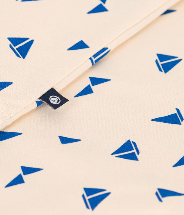 Babies' short-sleeved boat print cotton T-shirt Ecru/blue