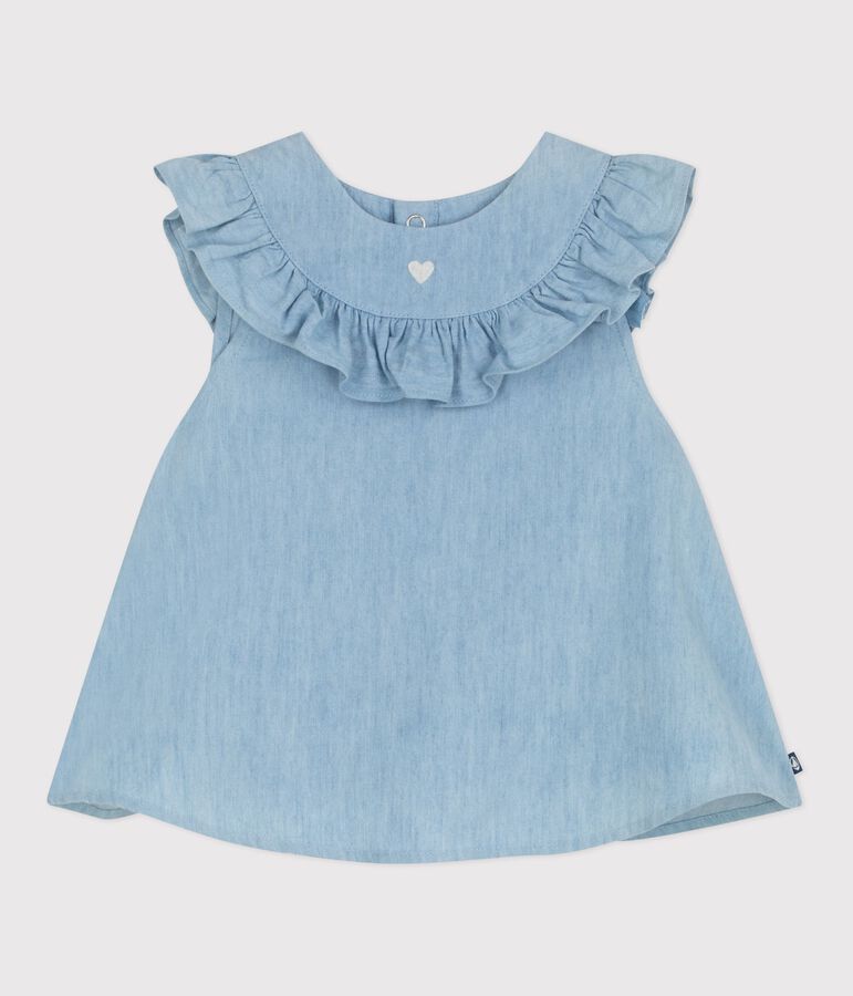 Babies' sleeveless blouse in embroidered cotton chambray blue