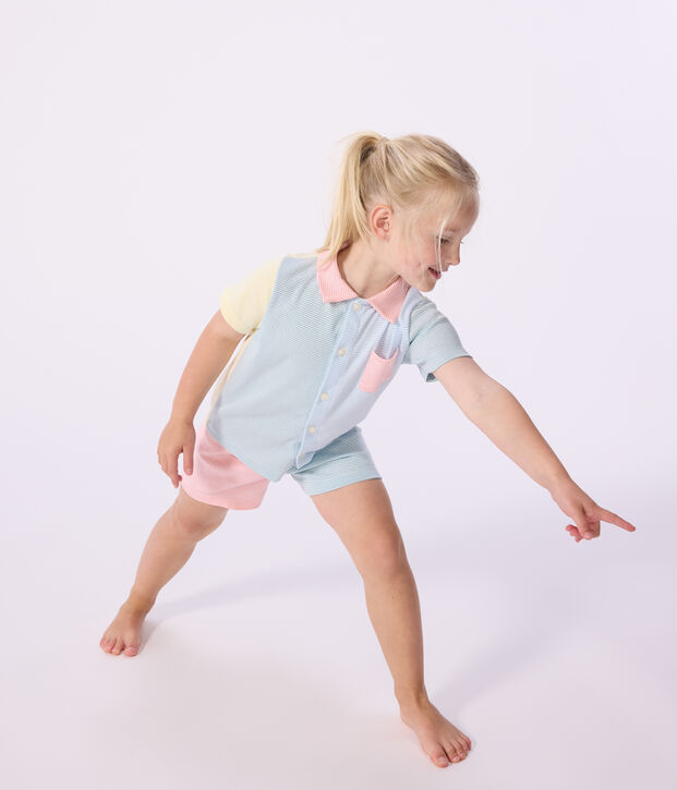 Children's short stripy buttoned cotton pyjamas white/multicolor