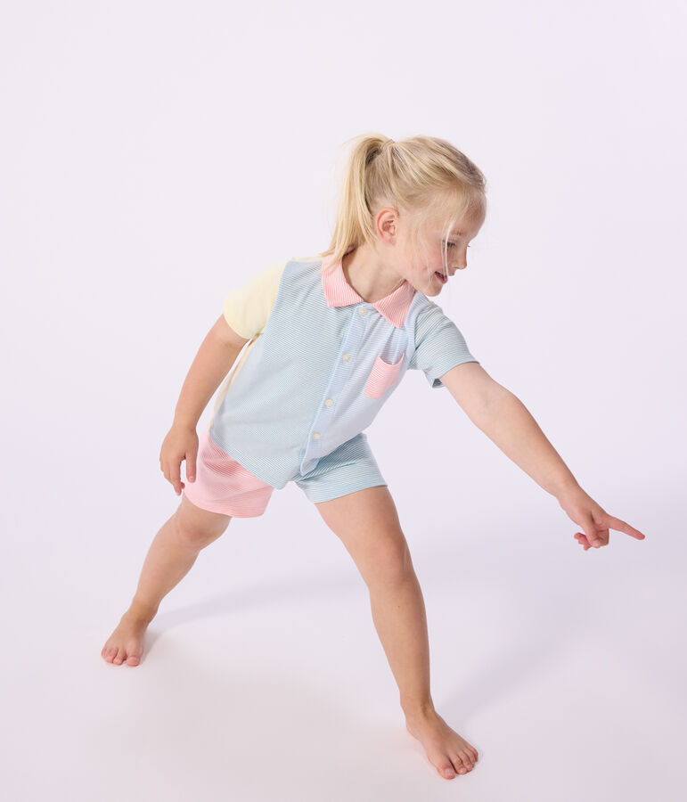 Children's short stripy buttoned cotton pyjamas white/multicolor