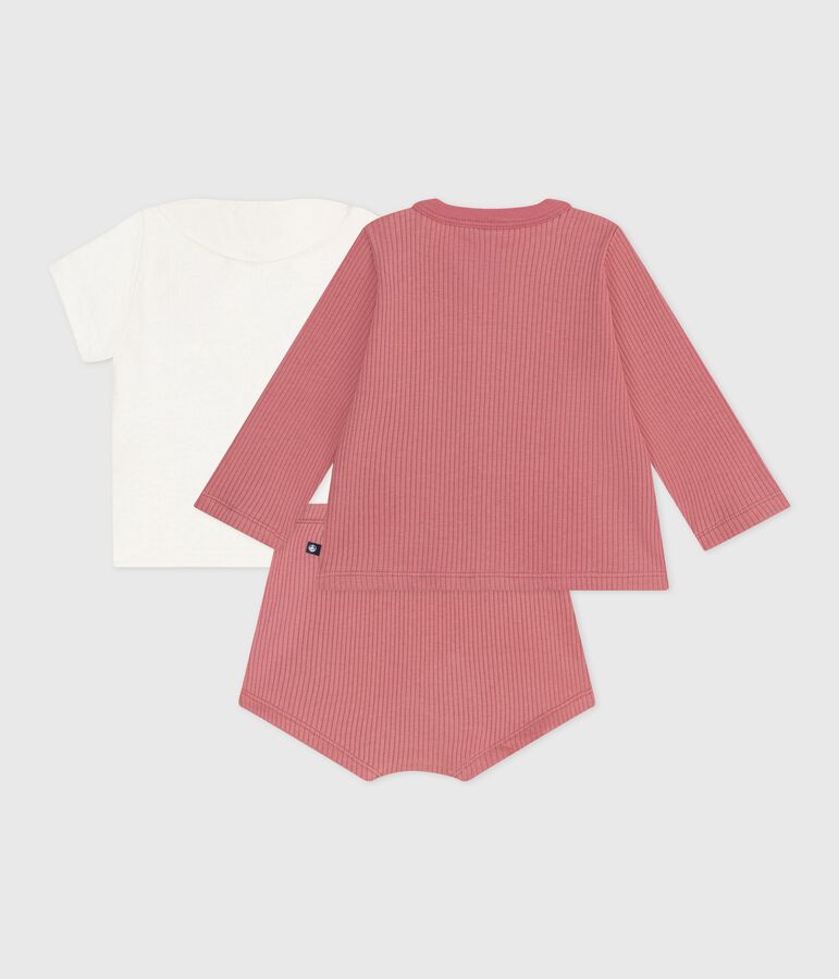 Three-piece newborn set in cotton, and the T-shirt has an embroidered collar pink/multicolor