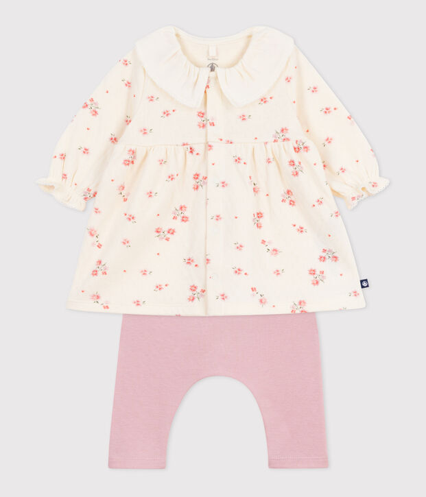 Babies' floral print dress with a collar and leggings in cotton Ecru/multicolor