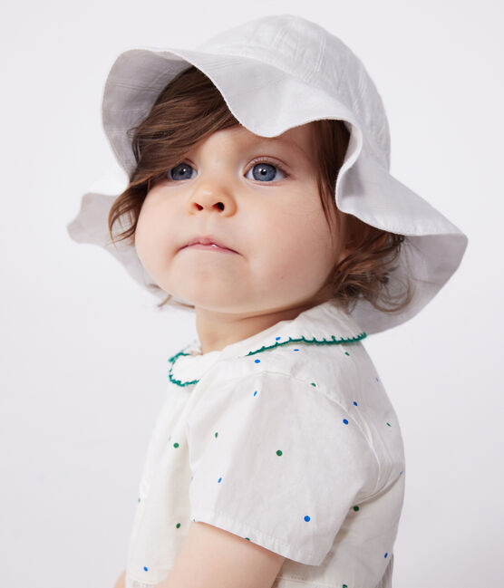 Babies' short-sleeved spotty print cotton rompers with a collar MARSHMALLOW white/MULTICO white