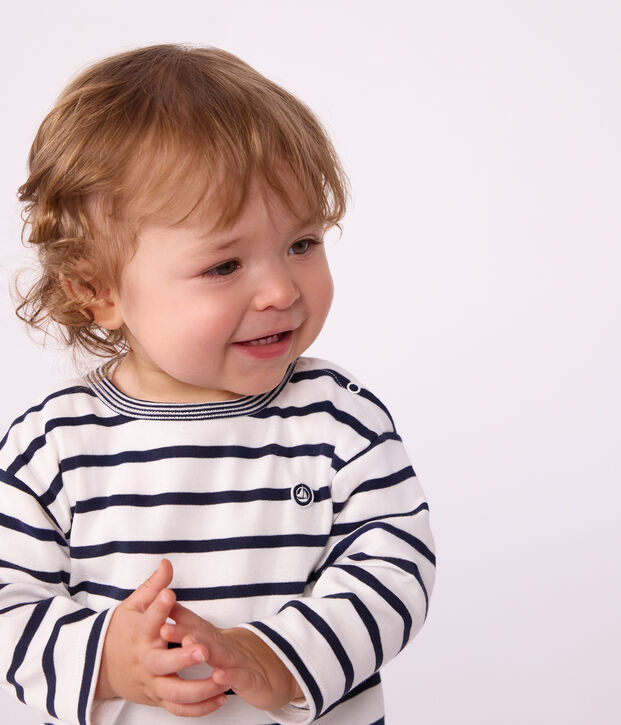 Babies' long-sleeved stripy cotton T-shirt. white/blue
