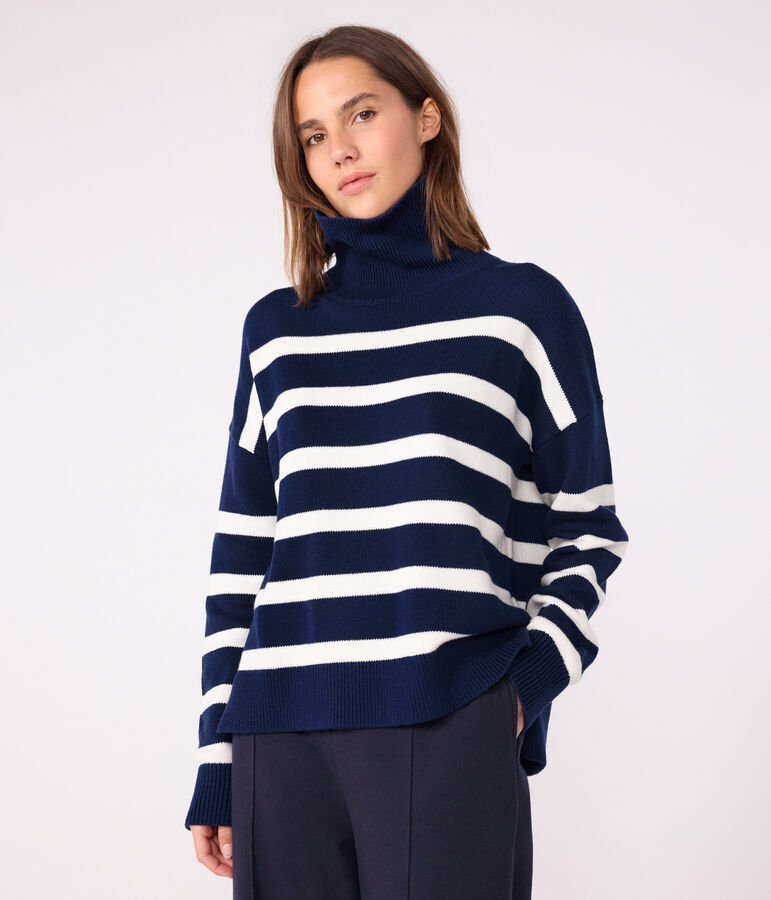 Women's striped wool and cotton jumper with a stand-up collar blue/white