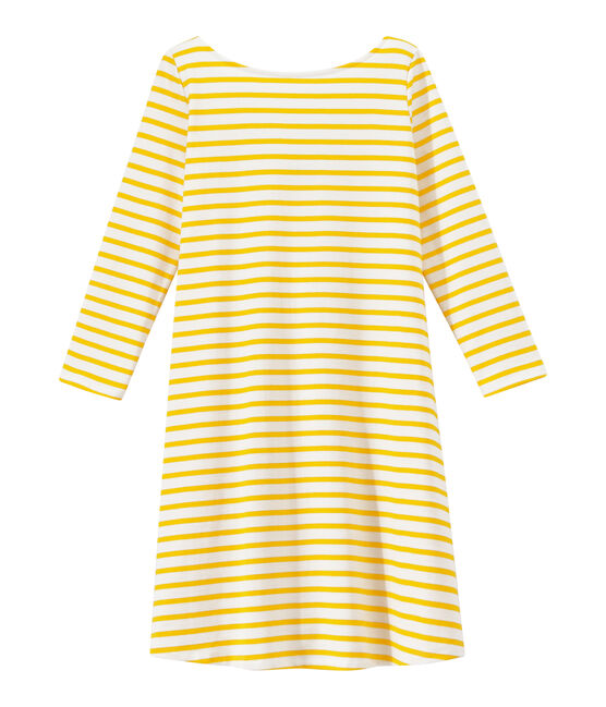 Women's striped dress with 3/4-length sleeves MARSHMALLOW white/SHINE yellow