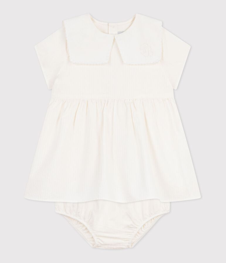 Babies' dress in cotton/linen with short sleeves and bloomers MARSHMALLOW white
