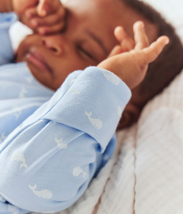 Babies' whale print cotton pyjama suit with a collar blue/white