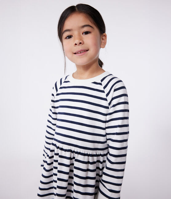 Children's long-sleeved stripy cotton dress MARSHMALLOW white/SMOKING blue