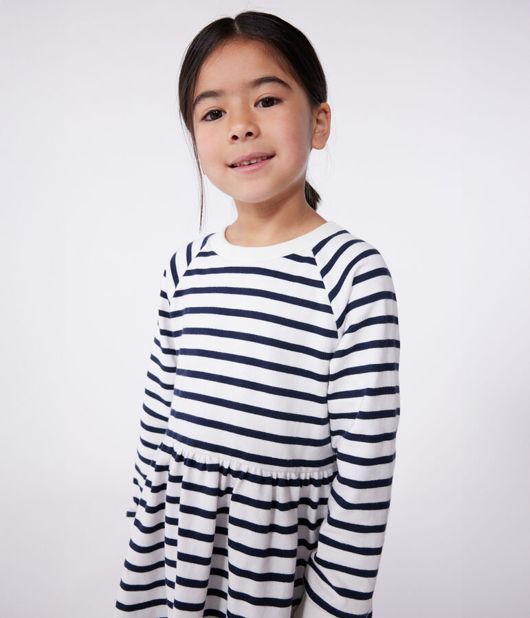 Children's long-sleeved stripy cotton dress white/blue
