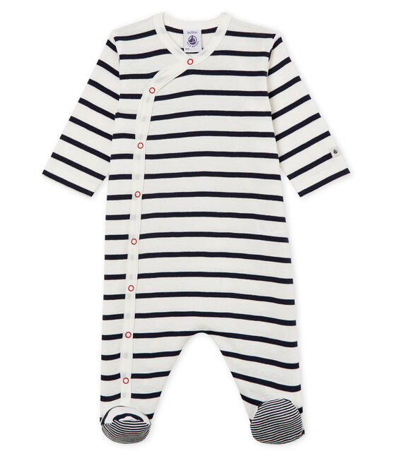 Babies' Ribbed Sleepsuit MARSHMALLOW white/SMOKING blue