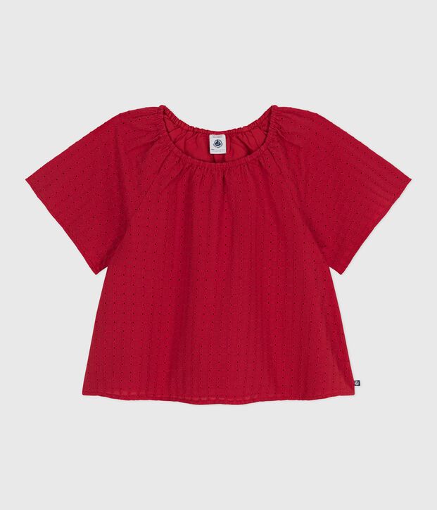 Children's short-sleeved cotton blouse with a floral pattern red
