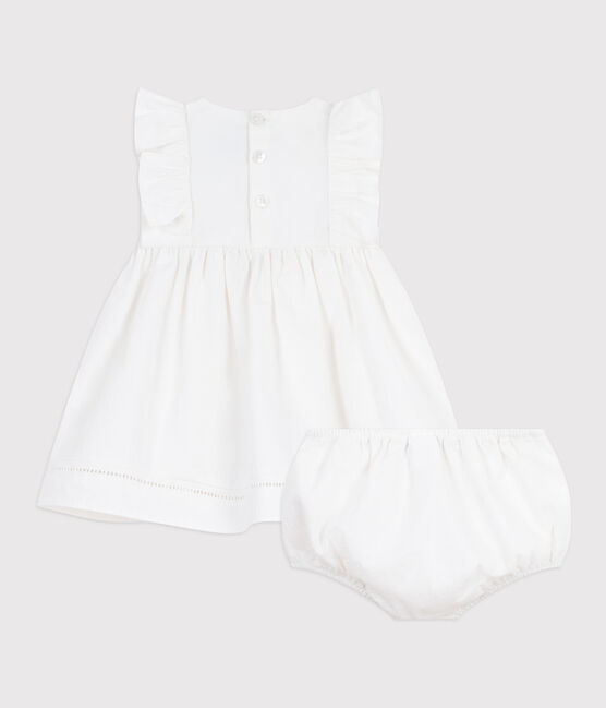 Babies' plain and embroidered sleeveless cotton dress with matching bloomers ECUME white