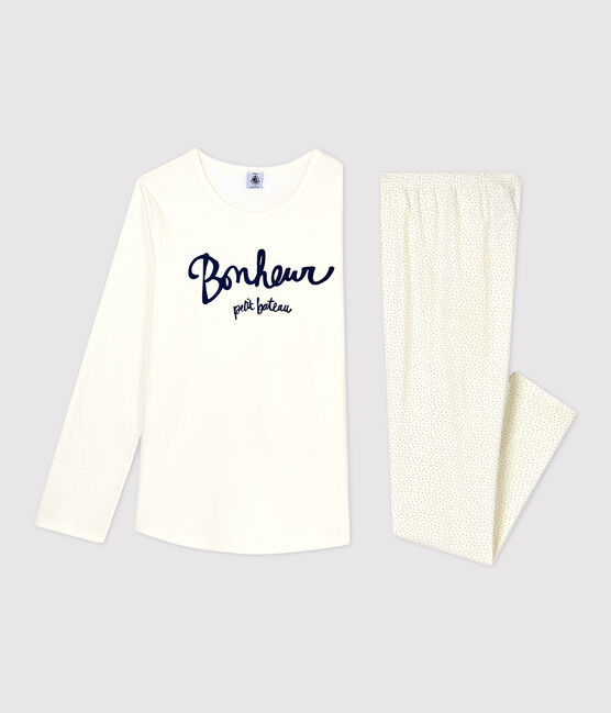 Girls' Spotted Organic Cotton Pyjamas MARSHMALLOW white/MEDIEVAL blue