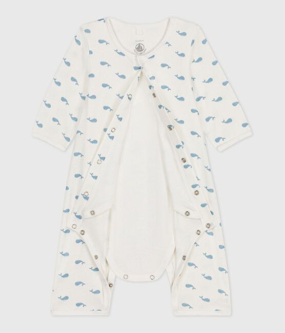 Babies' footless whale-print cotton bodyjama MARSHMALLOW /ADRIATIC