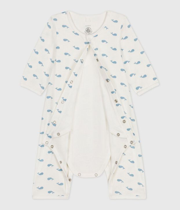 Babies' footless whale-print cotton bodyjama white/blue