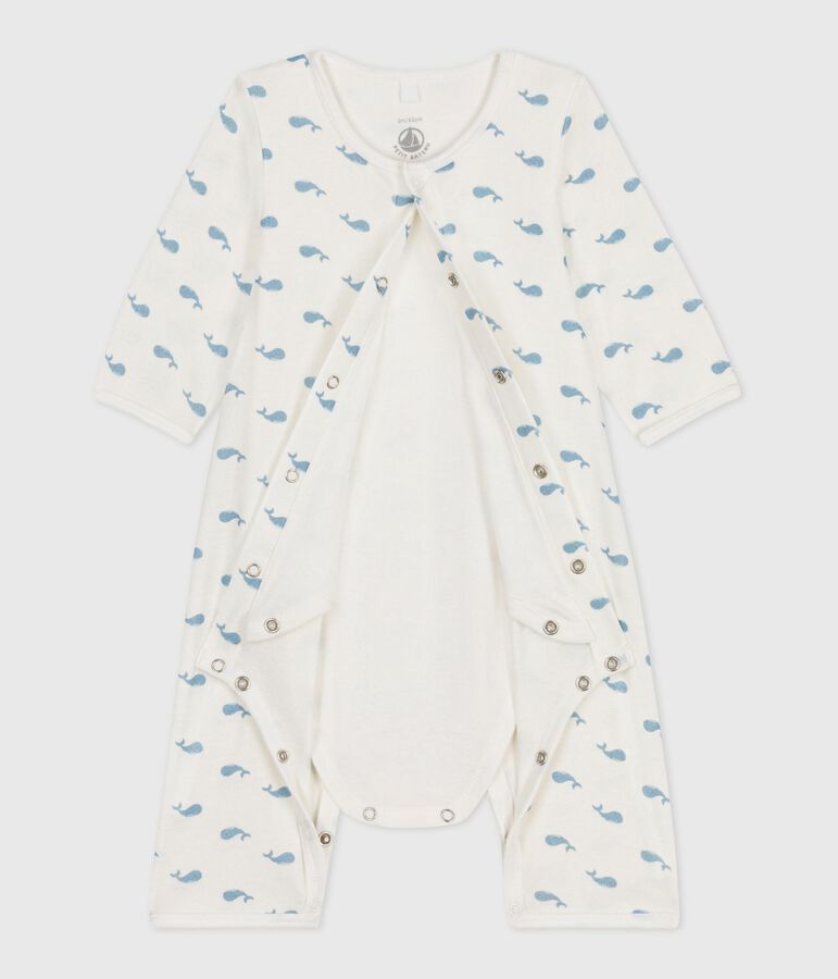 Babies' footless whale-print cotton bodyjama white/blue