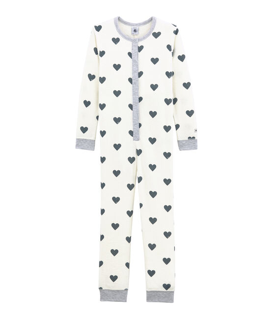 Little girl's onesie in extra warm brushed towelling. MARSHMALLOW white/ASTRO blue