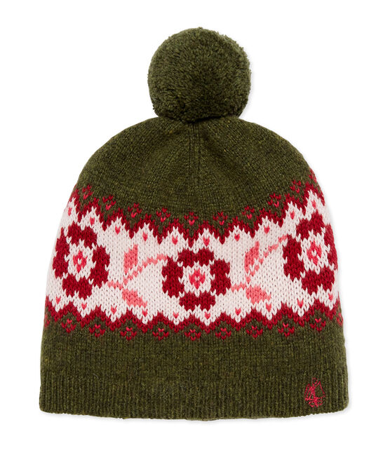 Girl's pompom cap CROCODILE green/MULTICO white