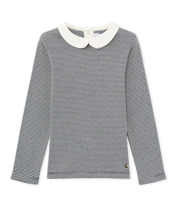 Girls' long-sleeved ribbed T-shirt blue/white