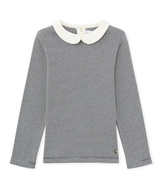 Girls' long-sleeved ribbed T-shirt SMOKING blue/COQUILLE beige