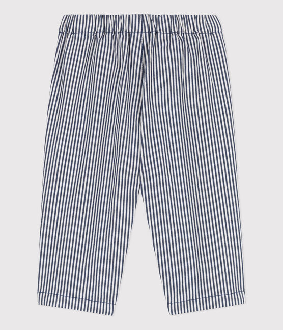 Babies' Striped Cotton Trousers MEDIEVAL blue/MARSHMALLOW white