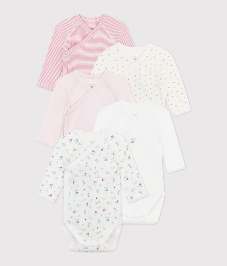 Babies' long-sleeved printed cotton wrapover bodysuits - 5-Pack multicolor