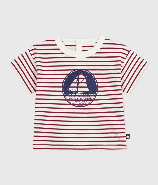 Babies' short-sleeved stripy cotton T-shirt MILK red/AMARANTE
