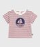 Babies' short-sleeved stripy cotton T-shirt MILK red/AMARANTE