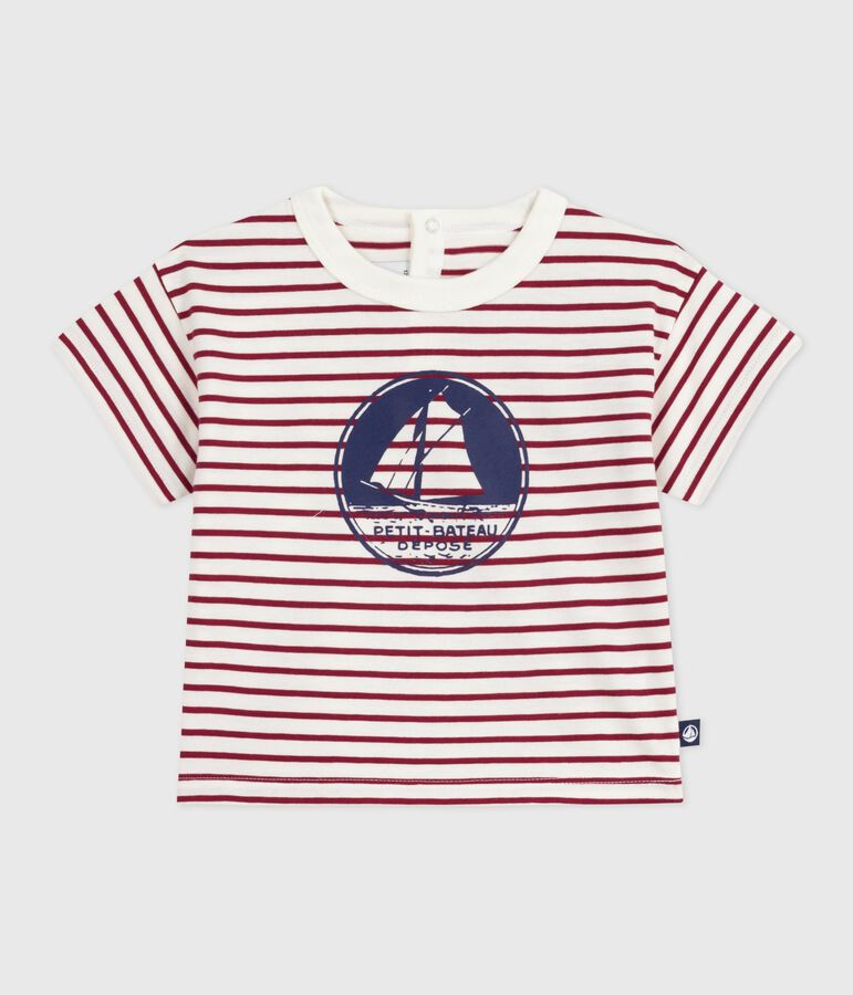 Babies' short-sleeved stripy cotton T-shirt Ecru/red