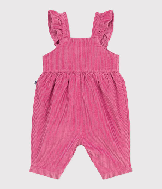 Babies' dungarees in plain corduroy with ruffles and long legs pink