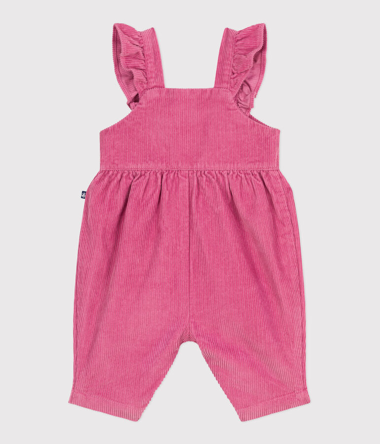 Babies' dungarees in plain corduroy with ruffles and long legs pink