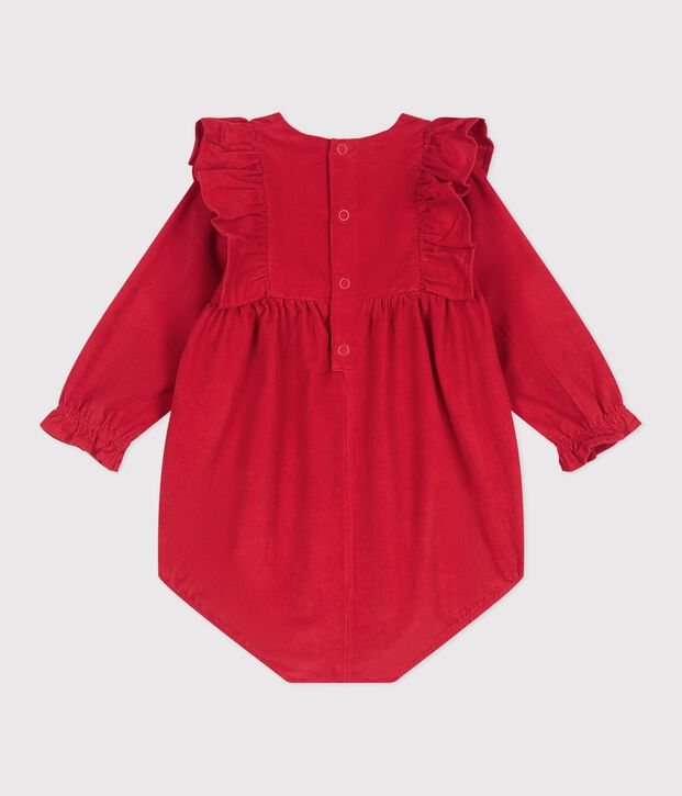 Babies' short corduroy playsuit with smocking and ruffles red